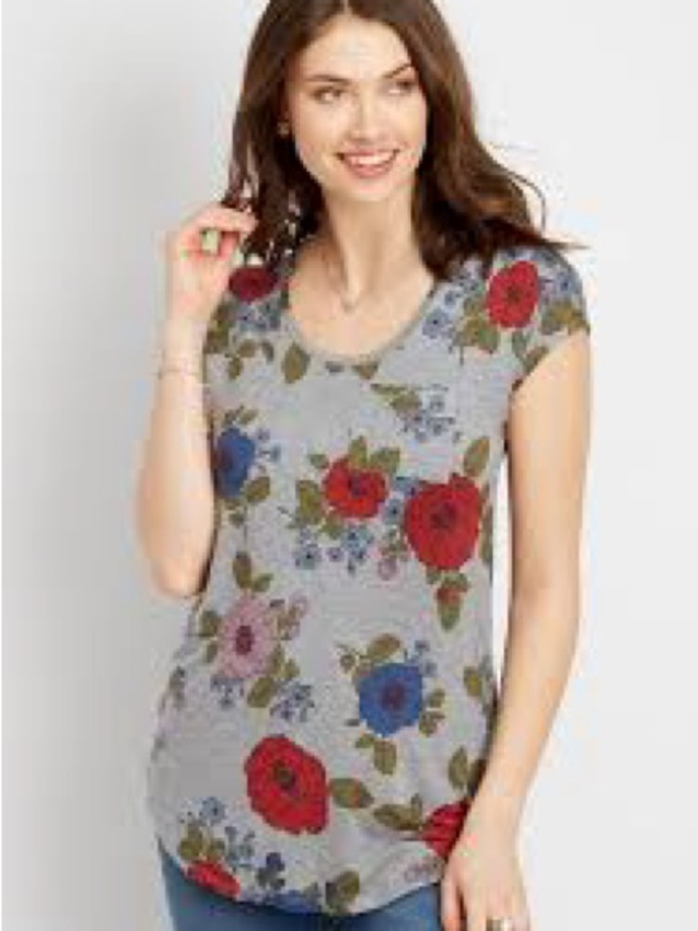 Maurices Gray Scoop Neck Tee with Red & Blue Floral Print